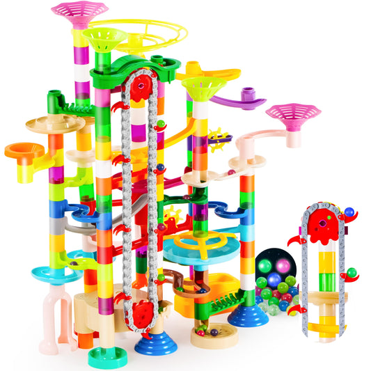JOYIN 236-Piece Glowing Marble Run with Motorized Elevator, 30 Glow-in-the-Dark Marbles, STEM Building Toy for Kids Gift