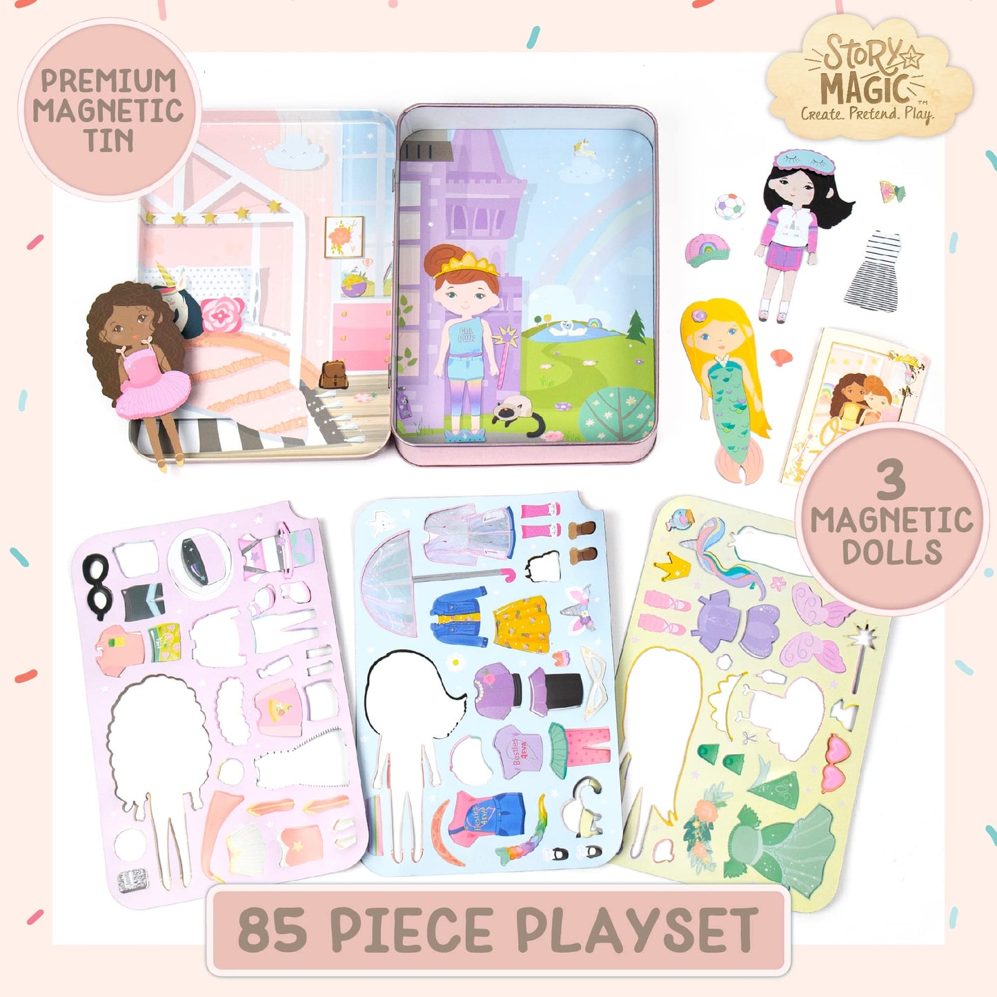 Story Magic Magnetic Dress-Up Dolls Playset for Kids, Travel-Friendly Pretend Play with Outfit & Accessories, Ages 4-7, Pink