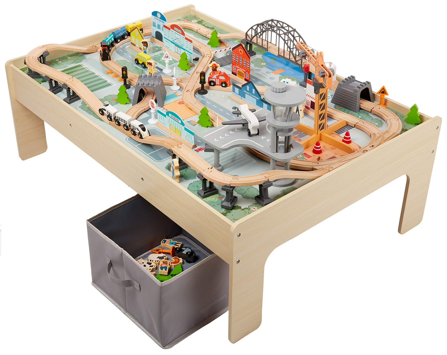 Amazon Basics 120 Piece Wooden Train Set with Table, Sturdy Tracks and Storage Bin, Multi-Activity, Kids Gift for Age 3Y+, 48.62 x 18.07 x 7.01 in