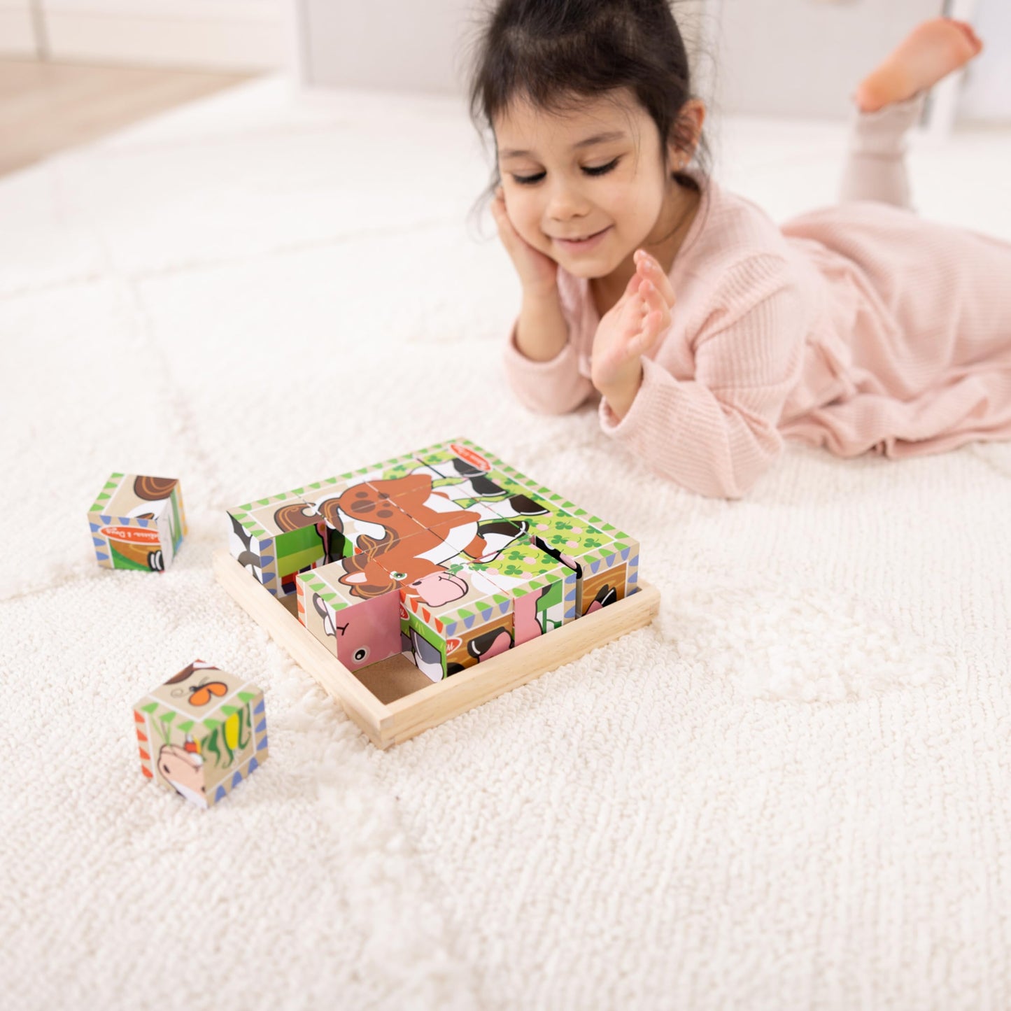 Melissa & Doug Farm Wooden Cube Puzzle with Storage Tray – 6-in-1 Animal Puzzle for Toddlers and Preschoolers – 16 Wooden Cubes – Farm Toy for Kids Ages 3+ - FSC Certified