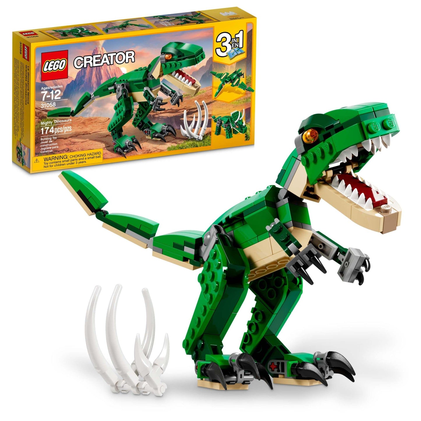 LEGO Creator 3-in-1 Mighty Dinosaur Toy, Transforming T. rex, Triceratops & Pterodactyl Figures, Gift for Kids 7-12, Set 31058