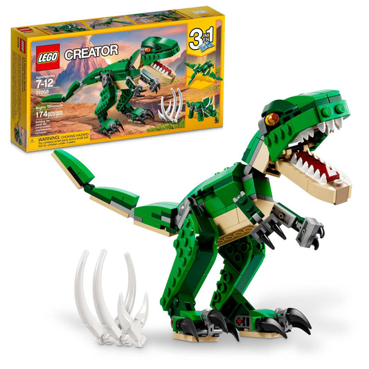 LEGO Creator 3-in-1 Mighty Dinosaur Toy, Transforming T. rex, Triceratops & Pterodactyl Figures, Gift for Kids 7-12, Set 31058