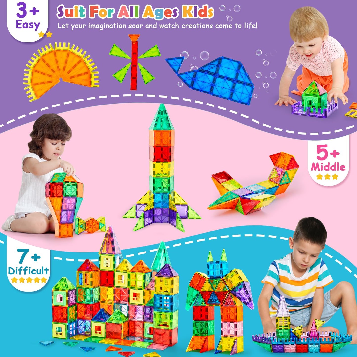 Dopyye 100PCS Magnetic Building Tiles for Kids, STEM Educational Magnet Blocks with Storage Bag, Stacking Toy Gift for Ages 3-9