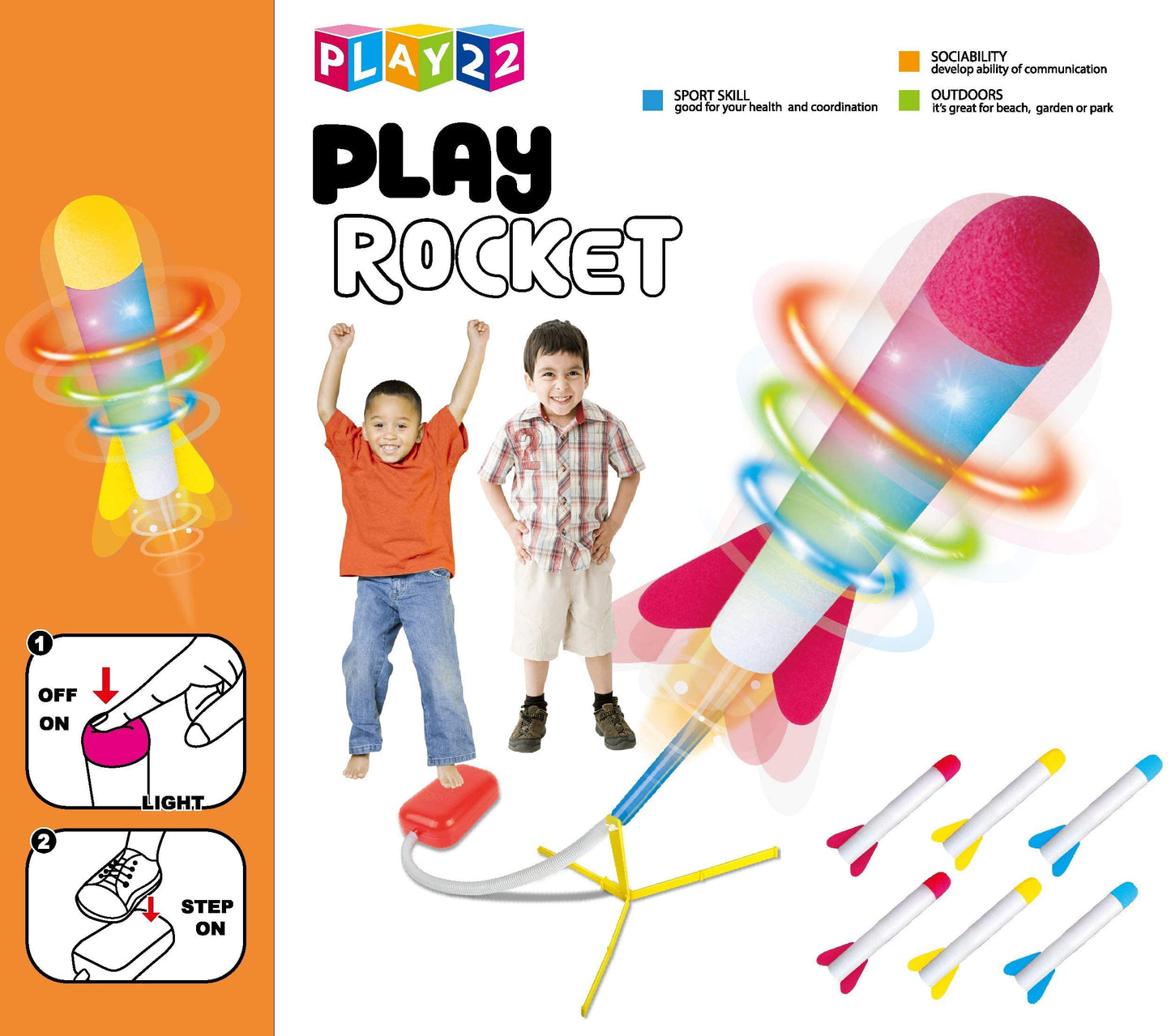 Play22 Kids Rocket Launcher Toy with LED Lights – Shoots 100+ ft, Includes 6 Foam Rockets in 3 Colors, Outdoor Fun Gift for Ages 3+