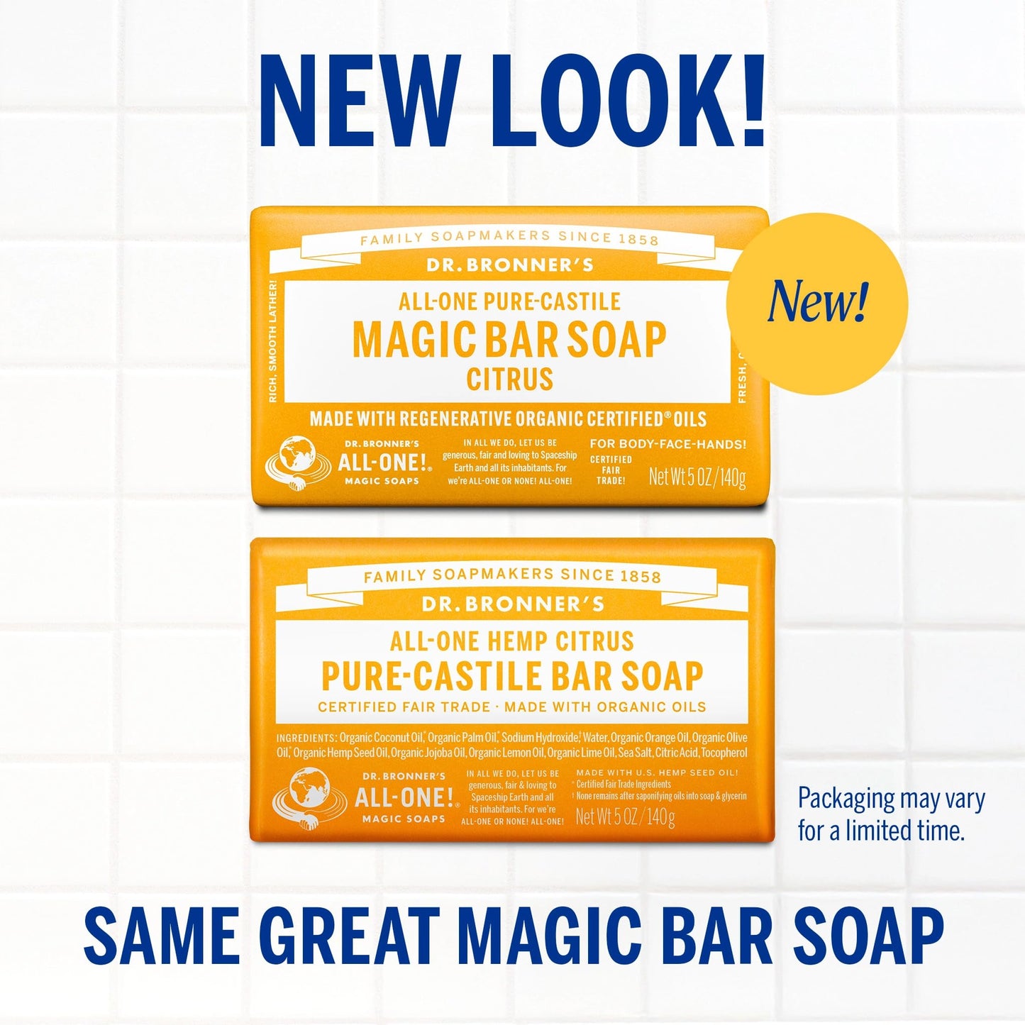 Dr. Bronner's Pure-Castile Magic Bar Soaps, 2-Pack 5oz | Vegan, Organic Oils, Citrus Scent, Face, Body & Hair for Men & Women