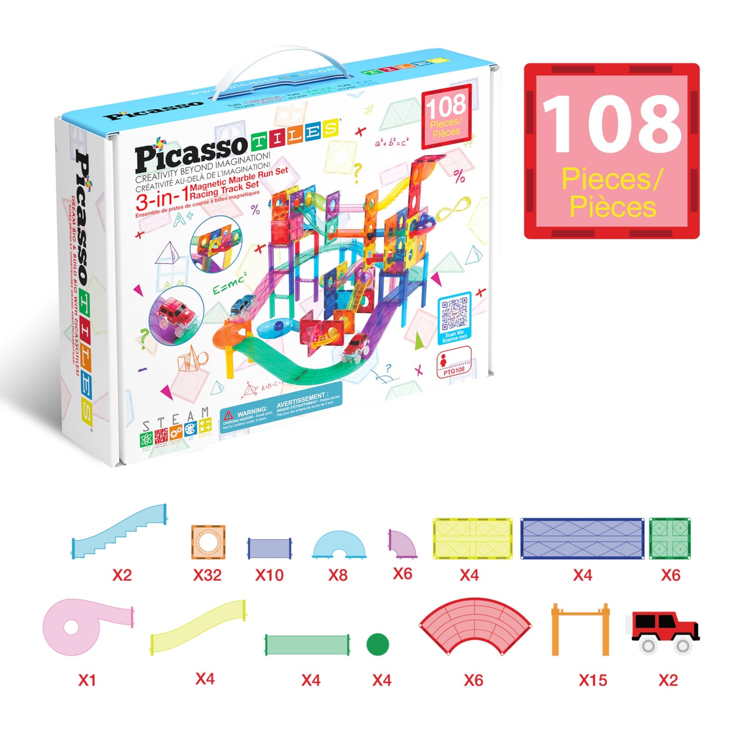 PicassoTiles 108pc 3-in-1 Marble Run & Car Track Magnetic Building Blocks STEM Toy Set for Kids, Brain Development & Educational Play