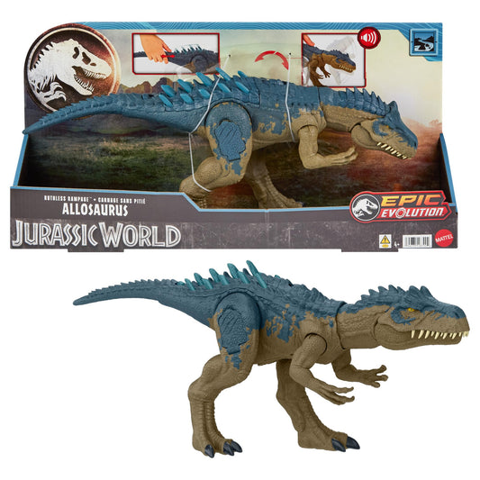 Mattel Jurassic World Allosaurus Dinosaur Toy – Action Figure with Continuous Chomp Attack, Roar Sounds & Battle Spikes