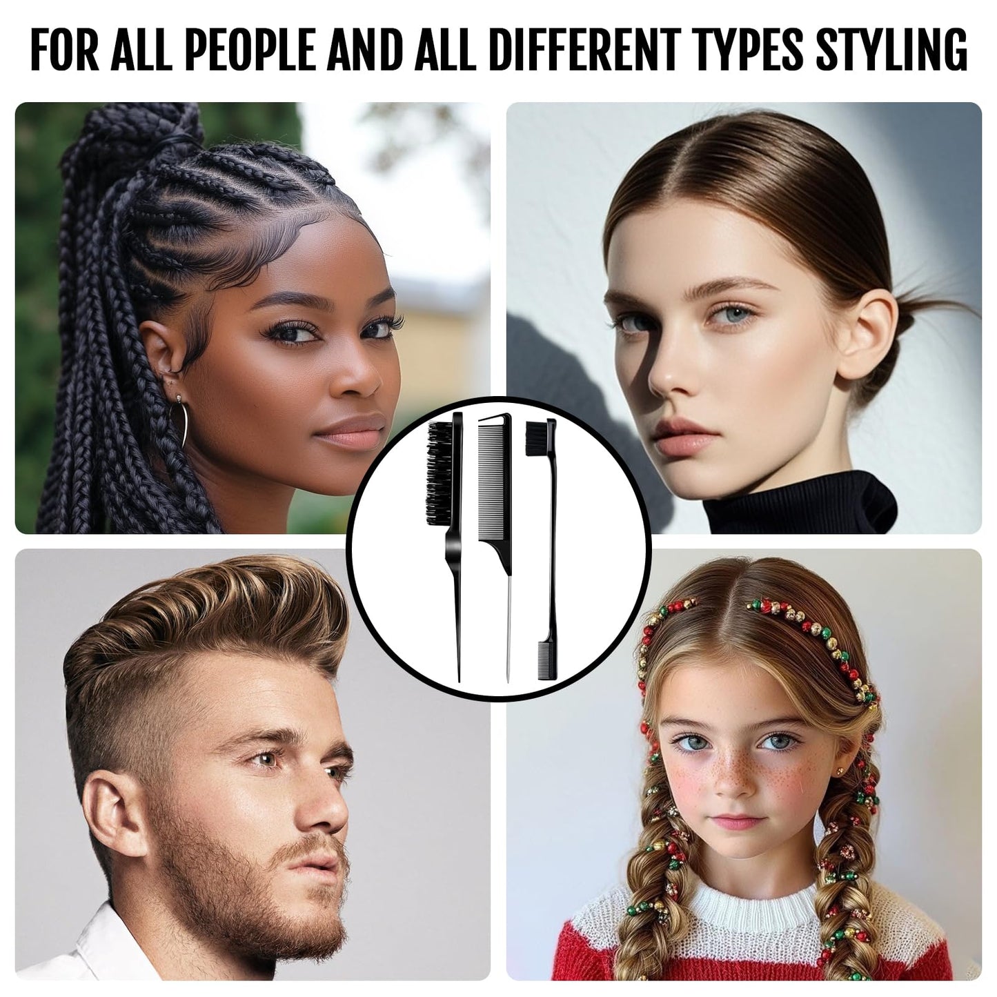 3 Pieces Hair Styling Comb Set Teasing Brush Rat Tail Comb Edge Brush for Edge&Back Brushing, Combing, Slicking Hair for Women (Black)