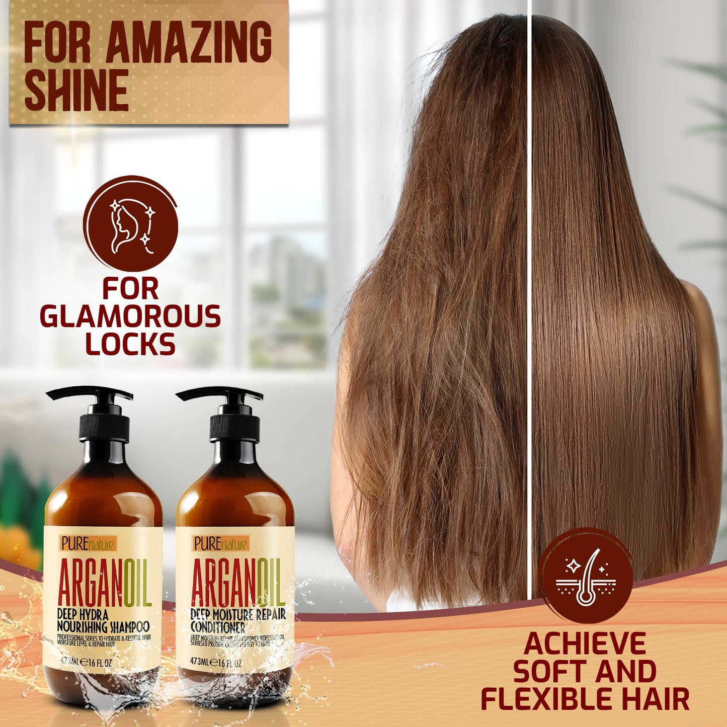 Argan Oil Shampoo & Conditioner Set – Sulfate Free Moroccan Formula with Keratin – Hydrating, Moisturizing, Anti-Frizz Care for Dry, Curly & Damaged Hair