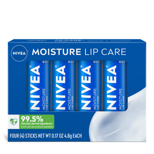 NIVEA Moisture Lip Care 4-Pack – Hydrating Lip Balm with Shea Butter, Oils, Vitamins C & E for Moisture, Repair & Nourishment, 0.17oz