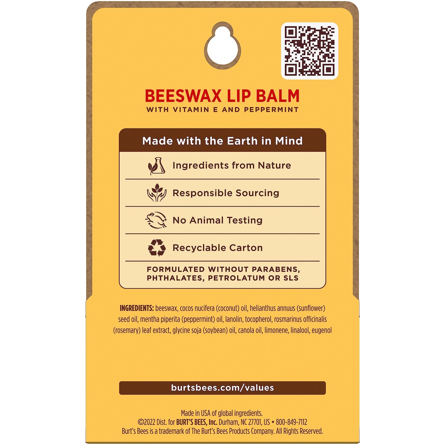 Burt's Bees Original Beeswax Lip Balm - Natural, Tint-Free Moisturizer with Responsibly Sourced Beeswax, 2 Tubes, 0.15 oz Each