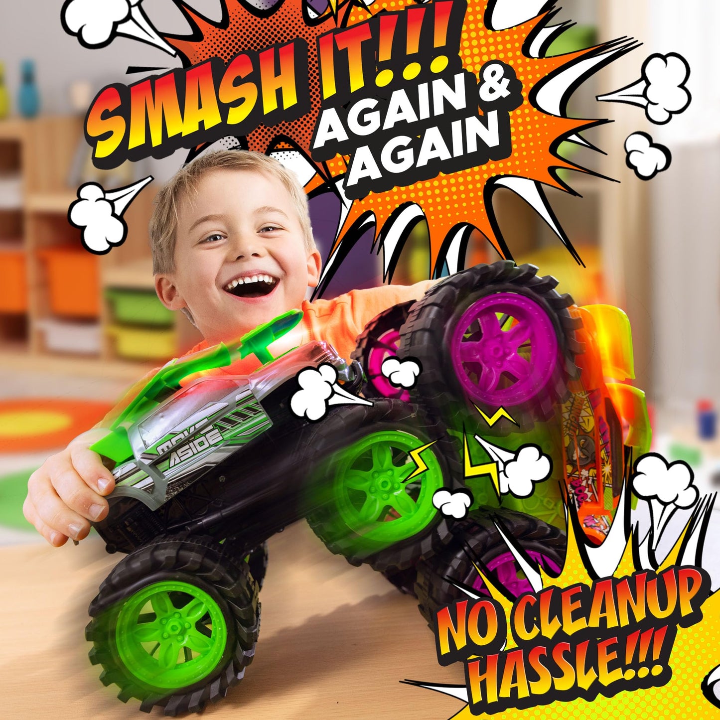 Exploding Monster Truck Toy with Crash Sounds & Lights, 8.7” Smash & Go Truck for Boys Kids 3-7+ | Toddler Gift for 3 Year Olds