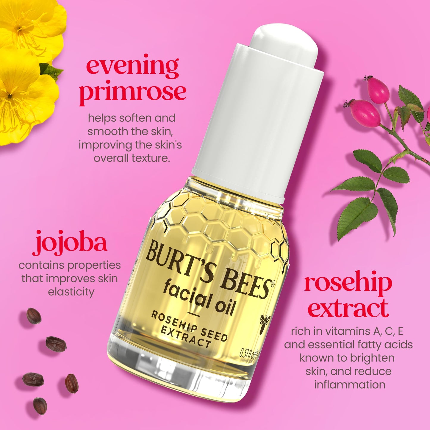 Burt's Bees Gua Sha Face Oil with Rosehip Seed – Reduces Fine Lines & Wrinkles, Use with Ice Roller & Facial Tools, 0.51 fl. oz.