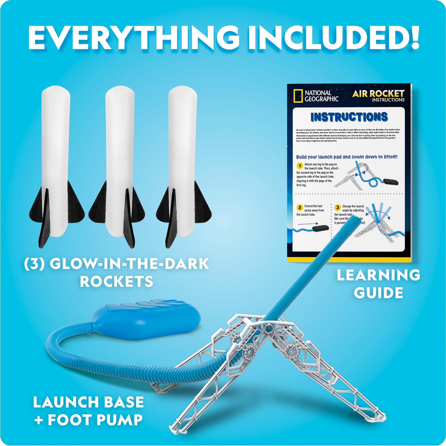 National Geographic Air Rocket Launcher Toy - Launch Glow-in-the-Dark Rockets Up to 100 Ft, Outdoor Fun for Kids 8-12, Rocket Kit Toy