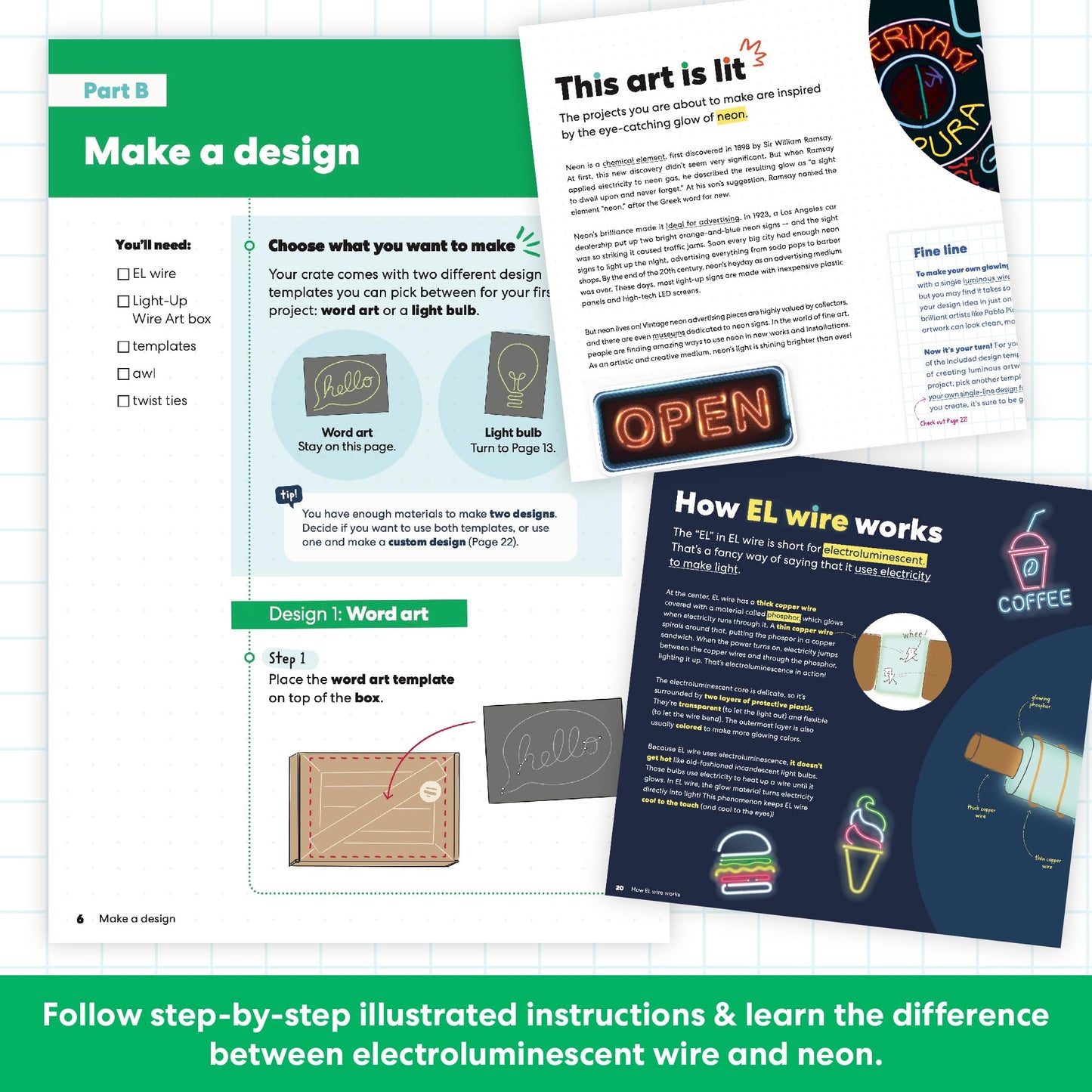 KiwiCo Light-Up Wire Art Kit – DIY Electroluminescent Signs for Kids | EL Wires, Battery Packs, Templates & Instructions Included