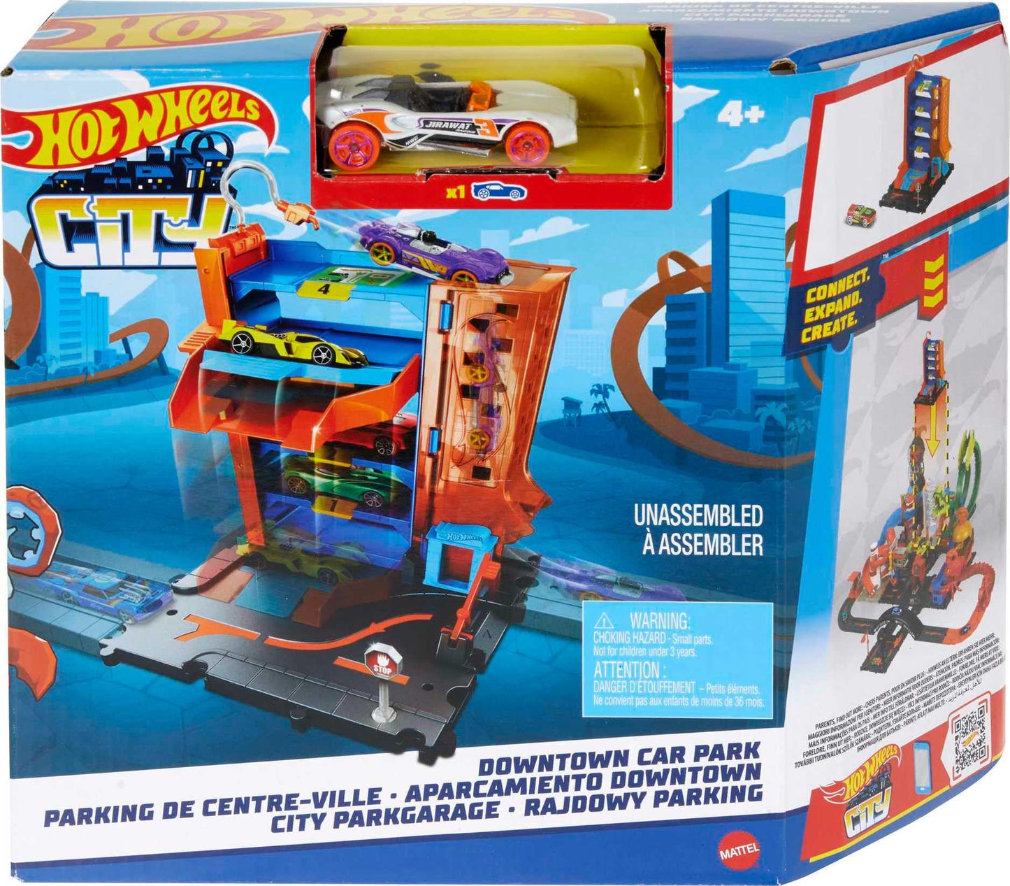 Hot Wheels City Toy Car Track Set, Downtown Car Park Playset with 1:64 Scale Vehicle, 4 Levels, Working Lift & Exit Chute