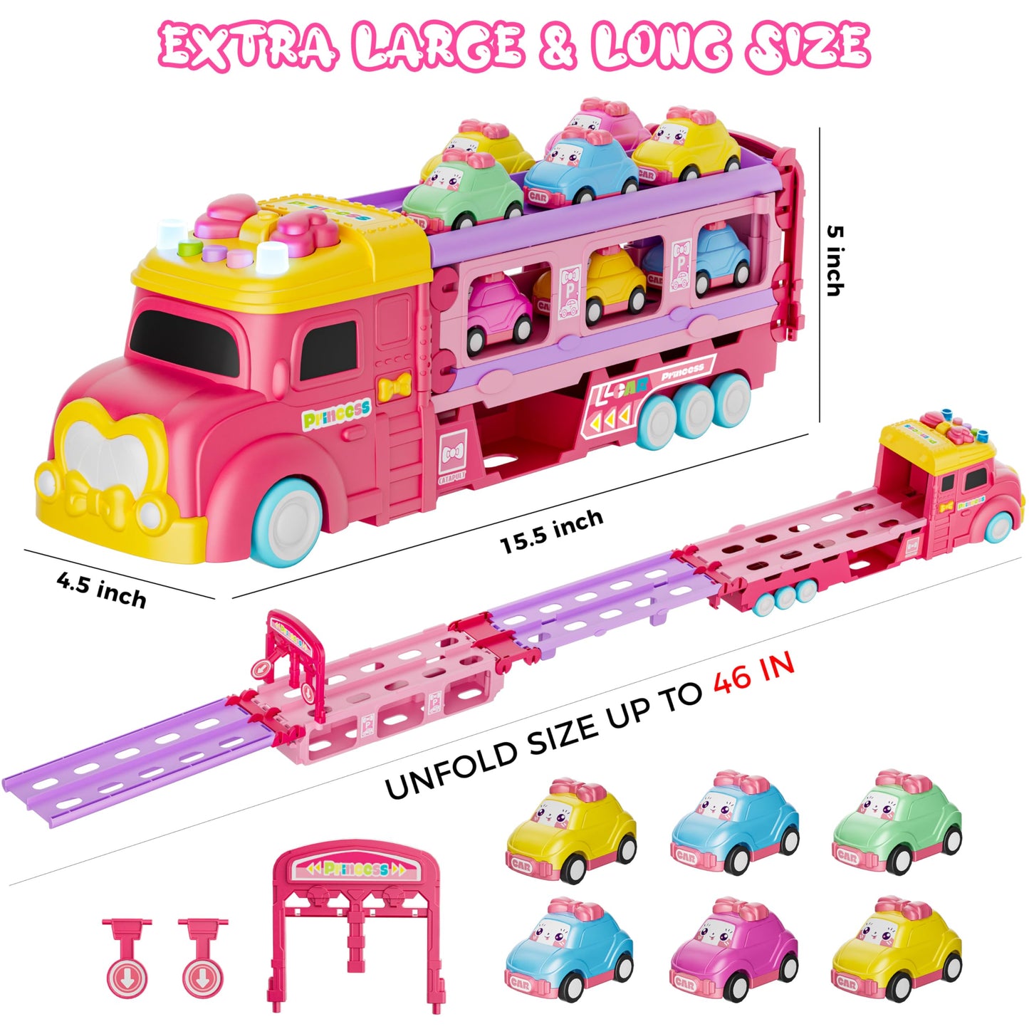 Funwee Foldable Car Track Toy for Girls Age 2-7, 2-Player Race Mode, Light & Sound Cars with Transport Truck, Birthday Gift Idea