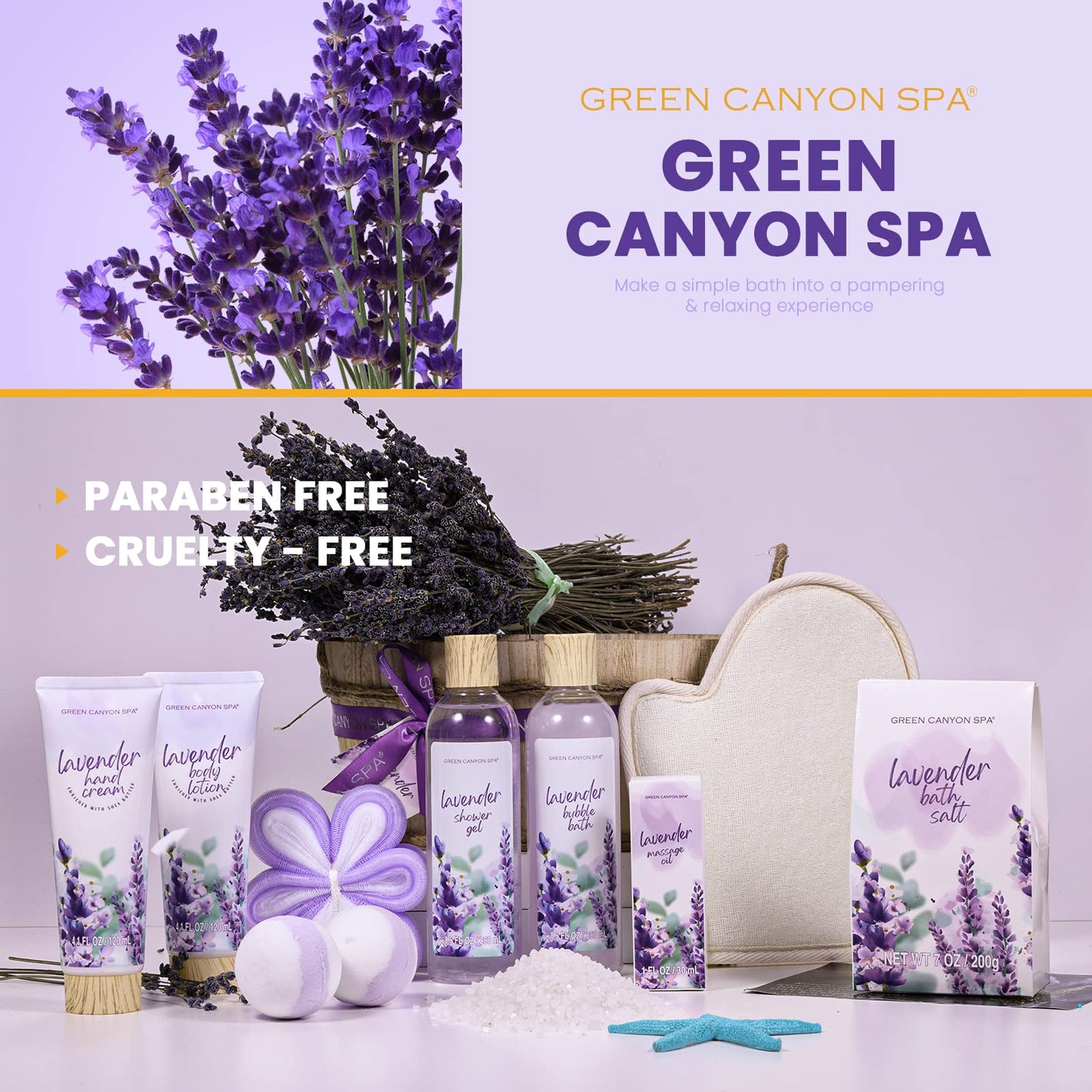 Green Canyon 11-Piece Lavender Spa Gift Set for Women – Bath, Body Lotion, Essential Oils, Relaxation Gift Basket for Her