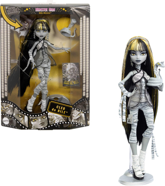 Monster High Reel Drama Doll, Cleo De Nile Black and White Reproduction Collectible with Doll-Size and Life-Size Posters, Horror Flick Theme, and Pet