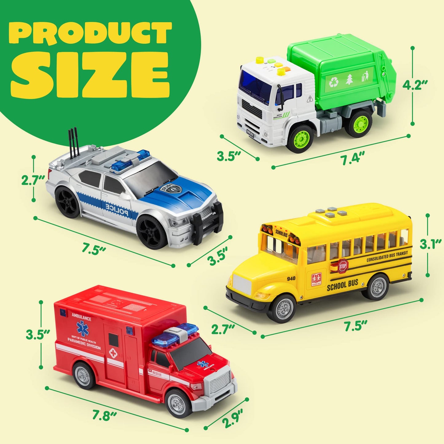 JOYIN 4-Pc 7" Vehicle Toy Set for Toddlers with Lights & Siren – Police Car, School Bus, Garbage Truck, Ambulance – Birthday Gift for Boys 3-5
