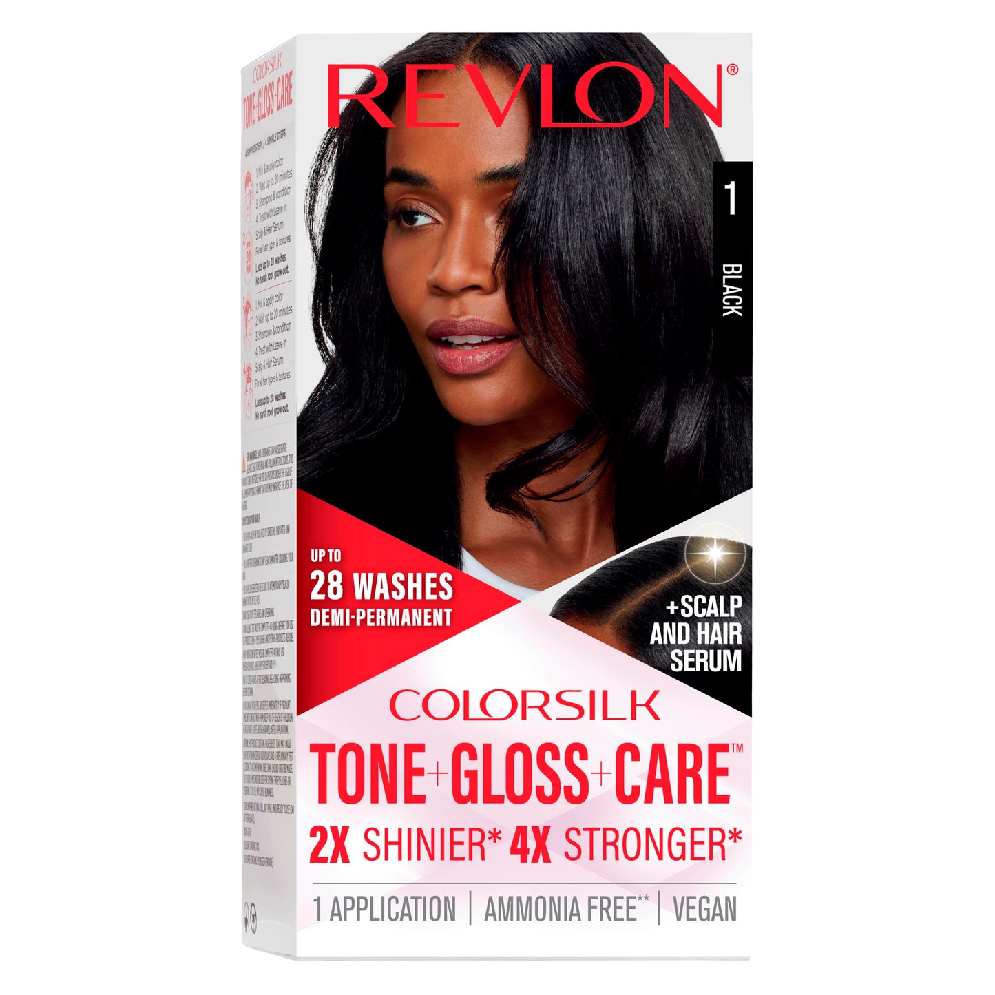 Revlon ColorSilk Tone + Gloss + Care Demi-Permanent Hair Dye Kit with Leave-In Serum, 2X Shine & 4X Strength, Shade 1 Black, 4.5 fl oz