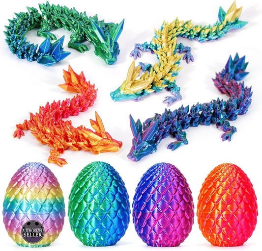 TBOLINE 4PCS 3D Printed Dragon & Dinosaur Eggs, Articulated Crystal Animal Fidget Toys for Kids, Easter Gifts for Boys & Girls