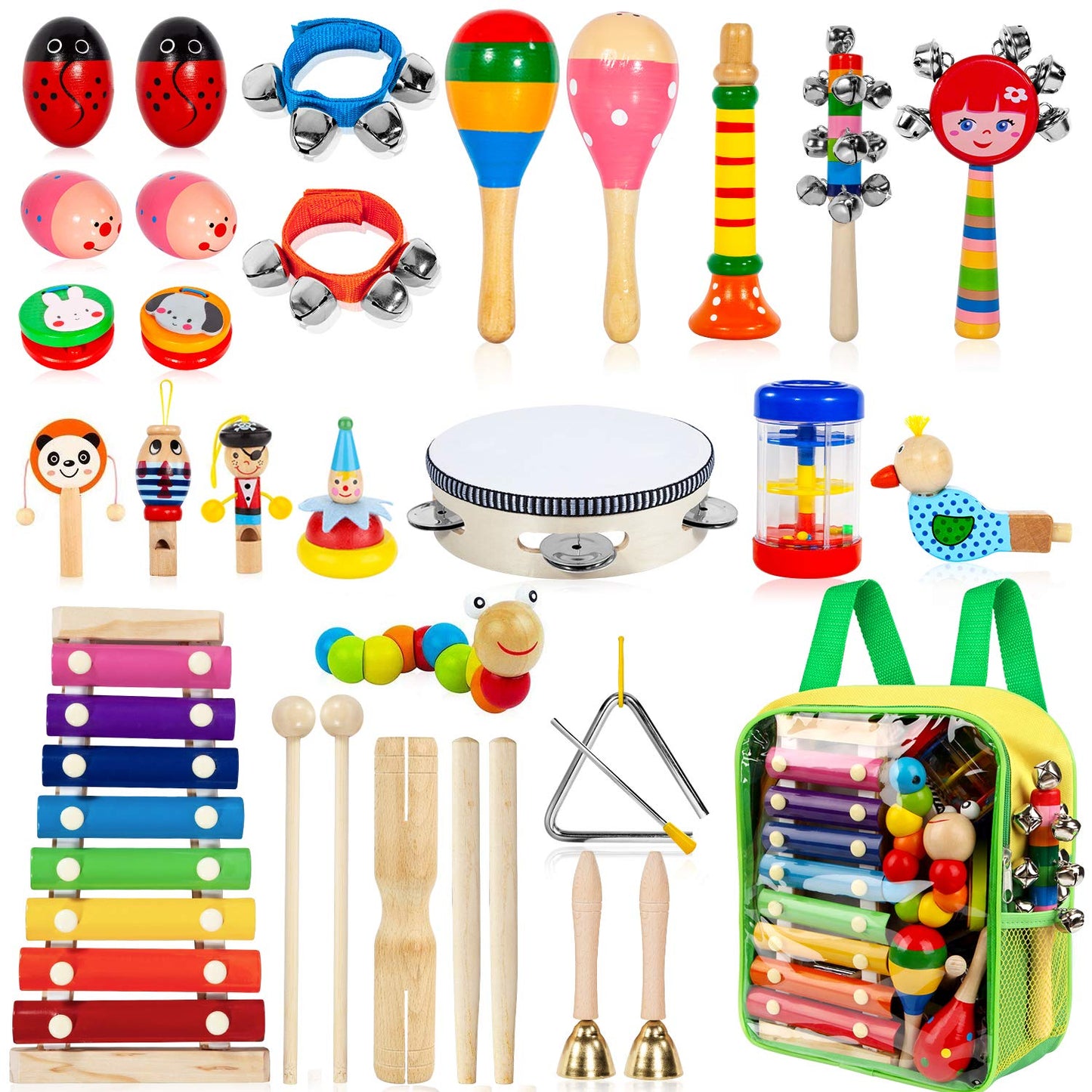 33-Piece Kids Wooden Musical Instruments Set – 18 Types Including Xylophone & Tambourine, Early Learning Music Toy for Preschool Boys & Girls