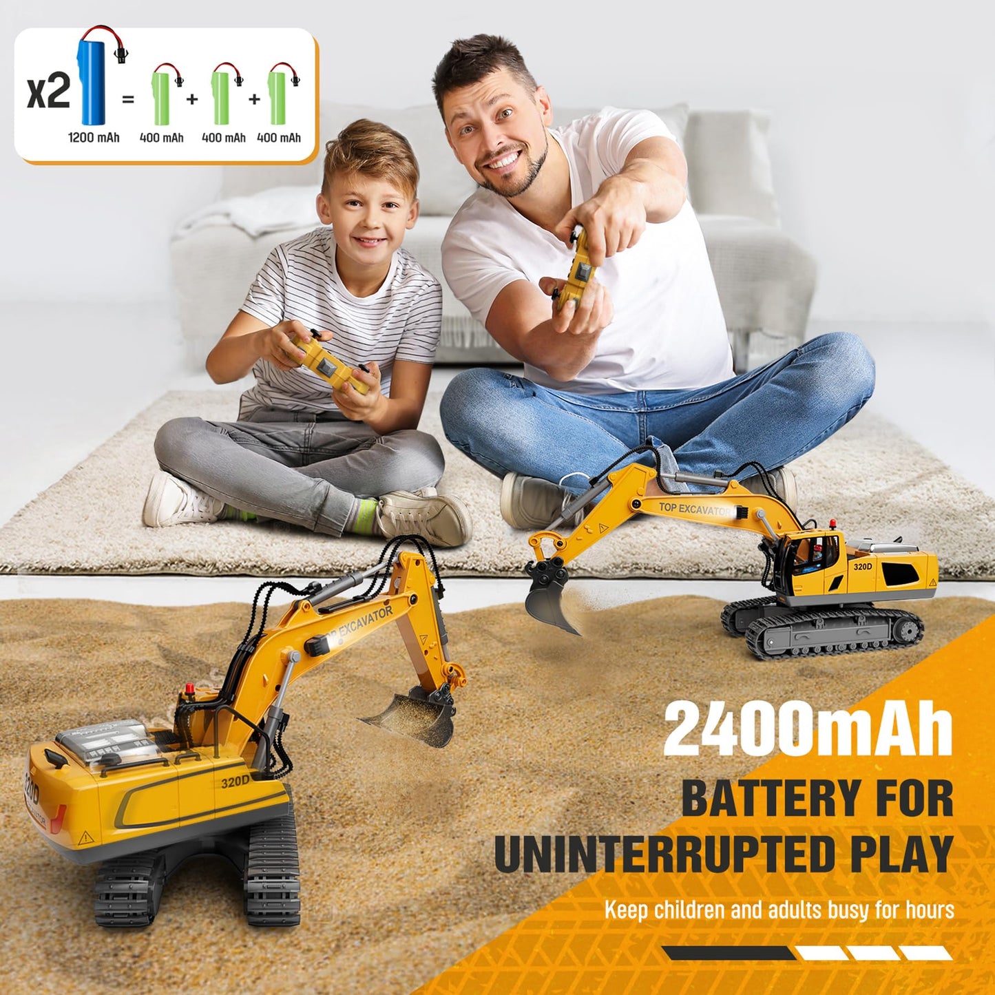 Remote Control Excavator Toy for Kids – 2×1200mAh RC Truck with Metal Shovel, Lights, 11CH, 120+ Min Play, Ages 3-12, Birthday & Christmas Gift