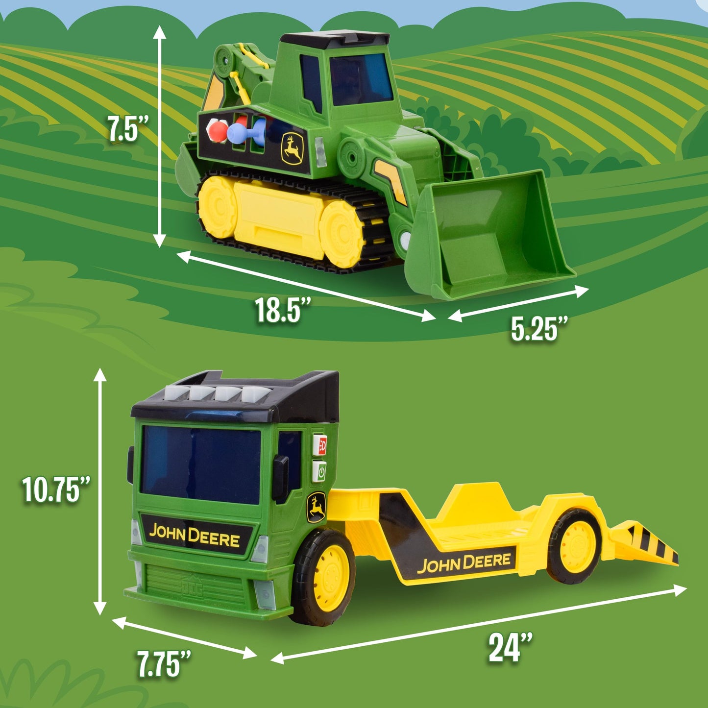 John Deere 2ft Extra Large Mega Mover Dual Joystick Motorized Trucks: Front Loader & Hoe with Trailer, Lights, Sounds Construction Toys for Kids 3+