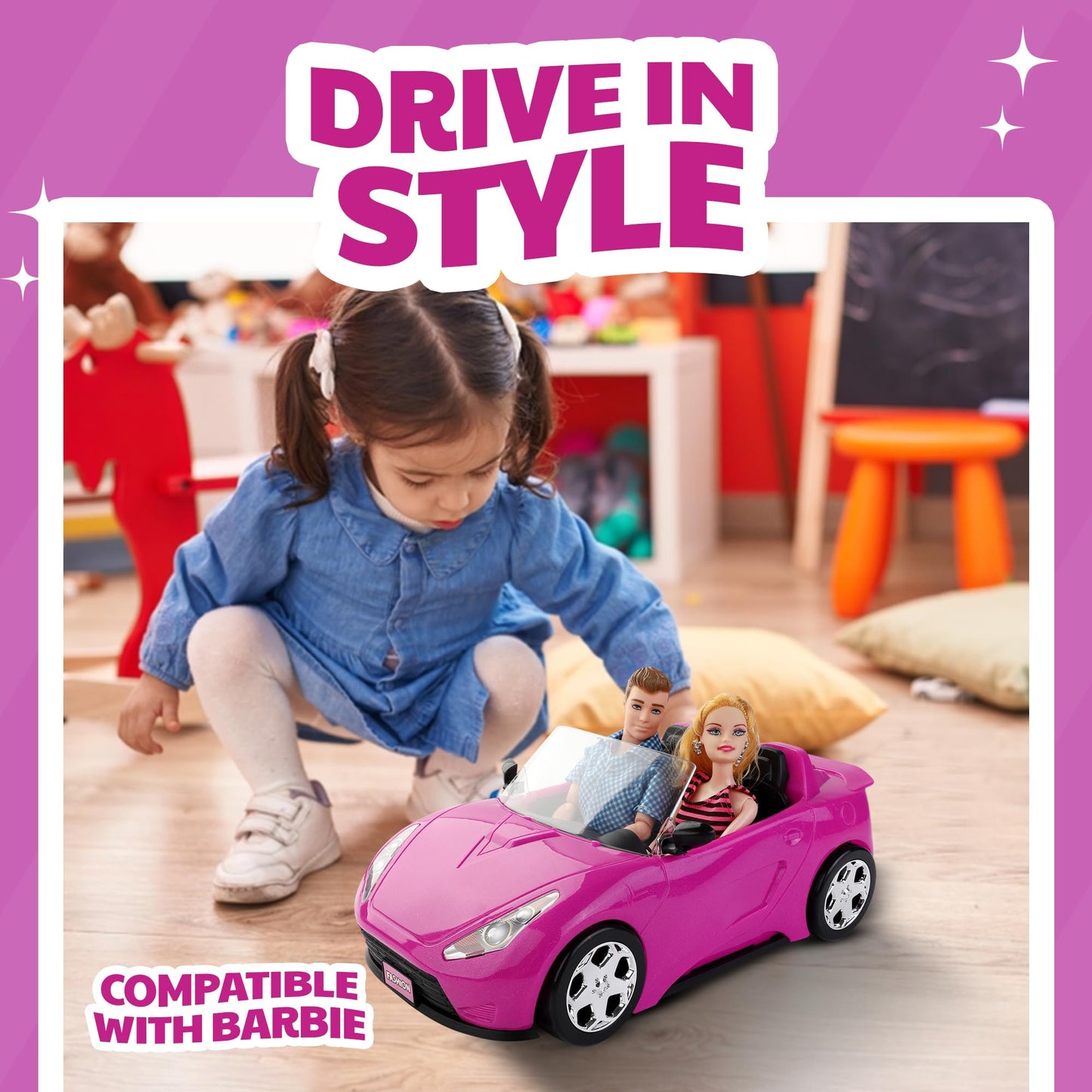 Liberty Imports Doll-Sized Convertible Car for Dolls – 2-Seater Pink Vehicle with Rolling Wheels, Seat Belts w/ Two 11.5" Dolls Included