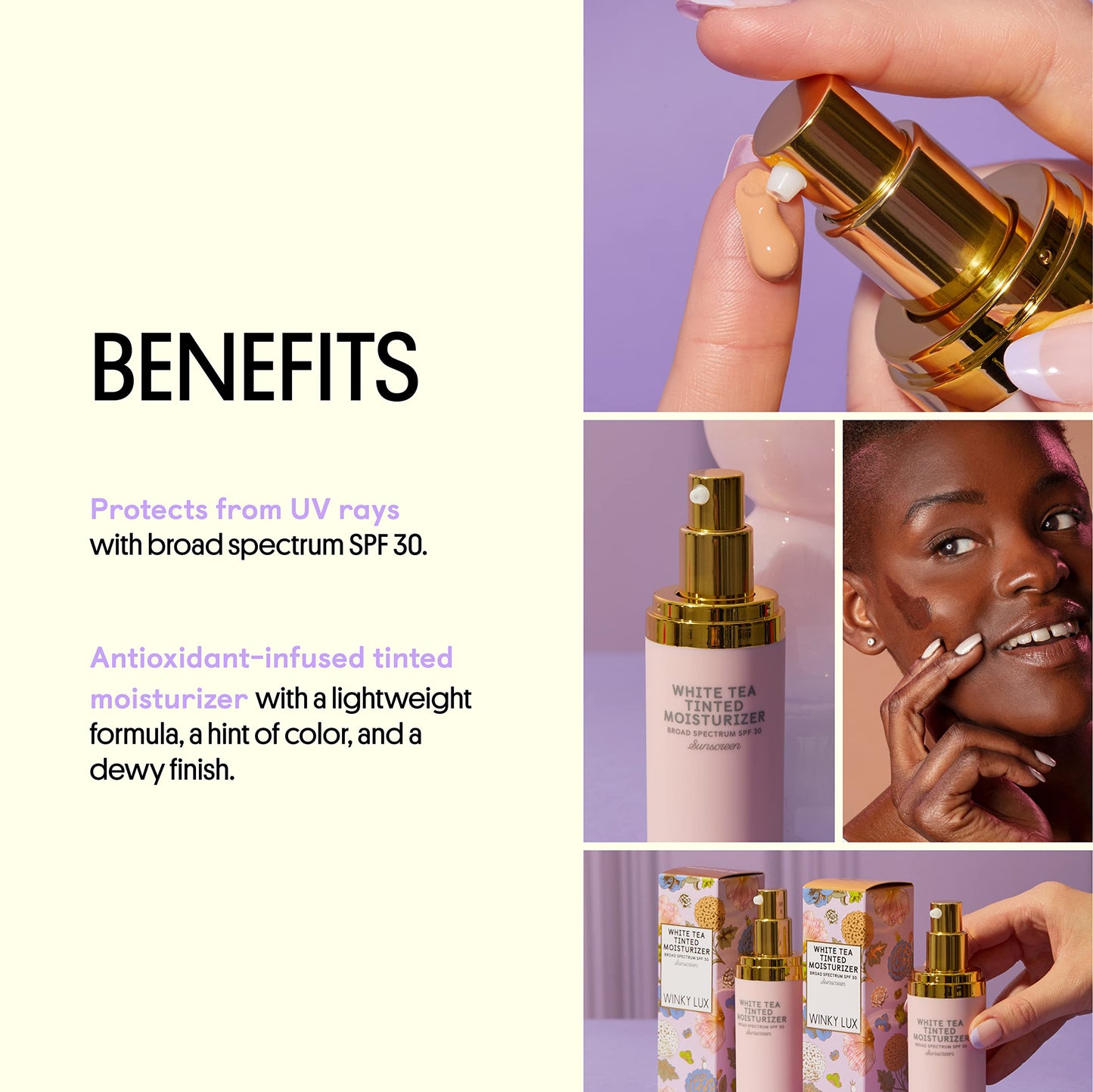 Winky Lux White Tea Tinted Moisturizer SPF 30 - Lightweight, Buildable Coverage, Radiant Finish, Long-Lasting Vitamin E Sunscreen, Medium