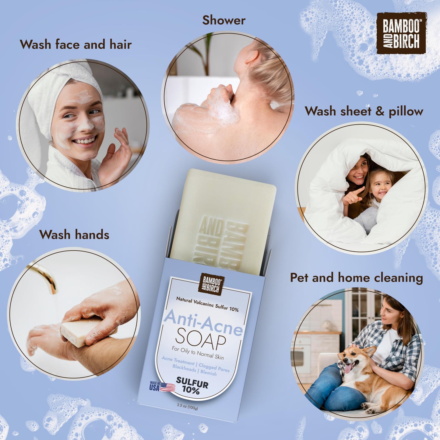 BAMBOO & BIRCH Sulfur Acne Soap Bar 10% with Salicylic Acid – Face & Body, Reduces Oil & Pimples, 3.5 oz, All Skin Types