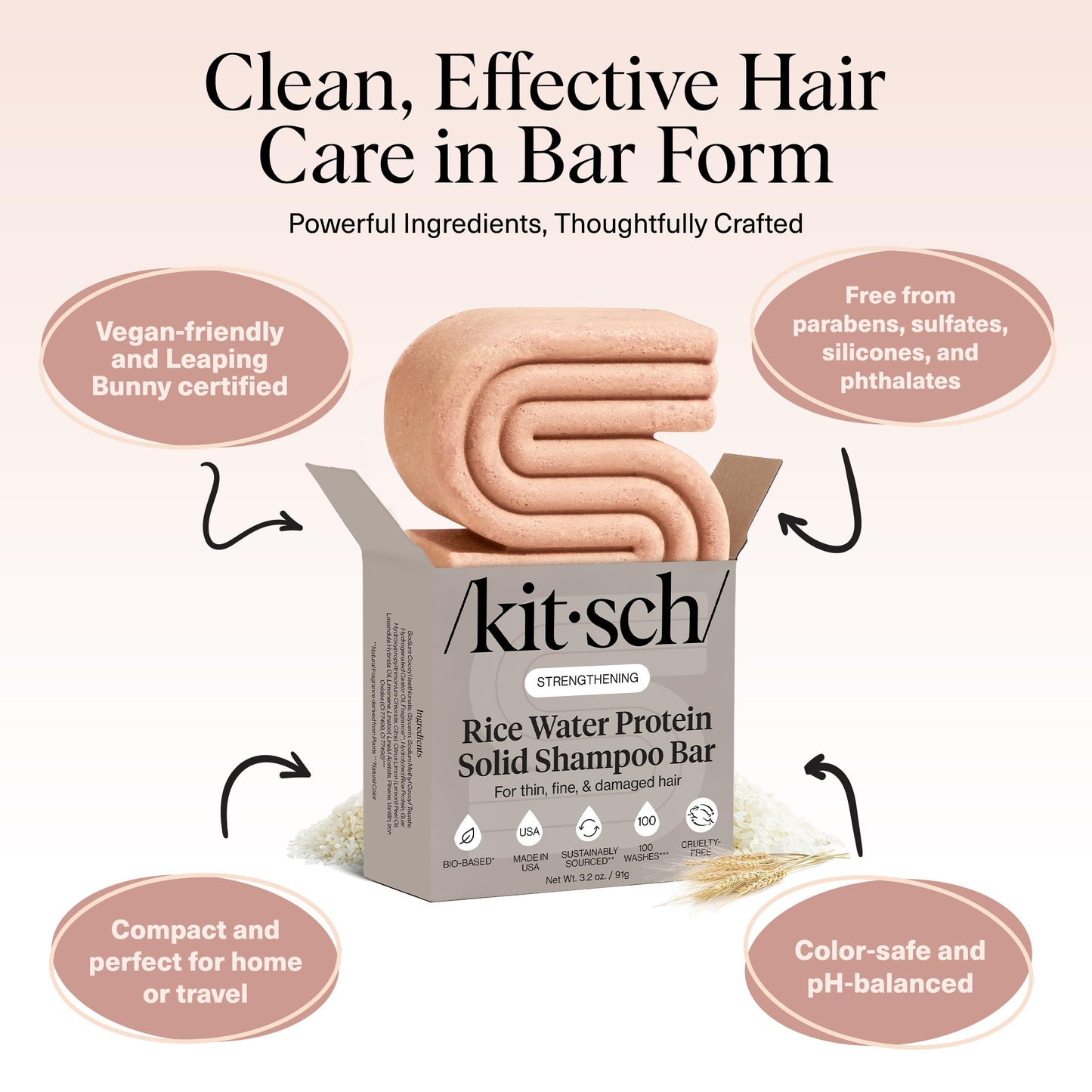 Kitsch Rice Water Shampoo Bar – Strengthening & Hair Growth Formula for Men & Women – Reduces Breakage, Boosts Shine, Vegan & Sulfate-Free, 3.2 oz