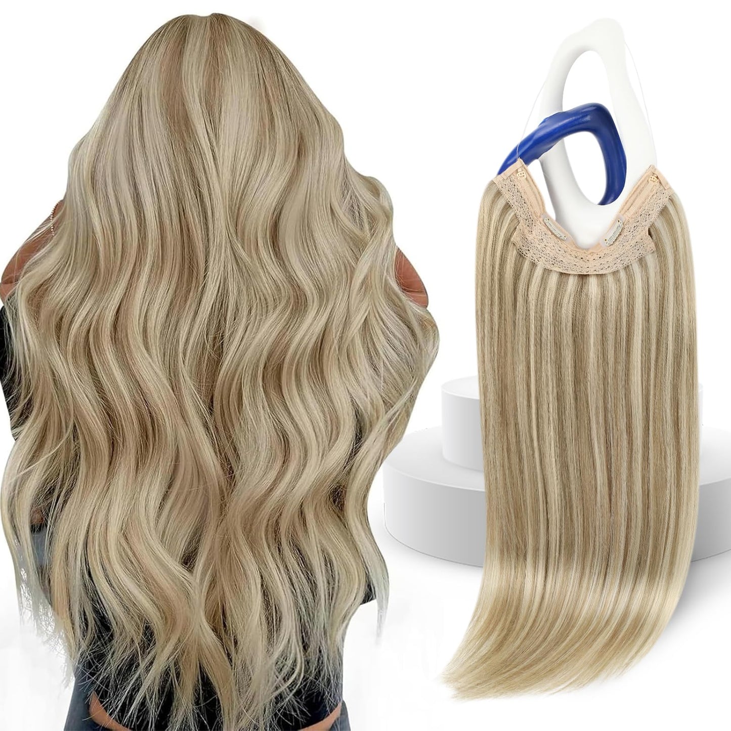 Sunny Hair Invisible Wire Human Hair Extensions – Real Fish Line Extensions Golden Blonde with Medium Blonde Highlights #16/22, 18 Inch