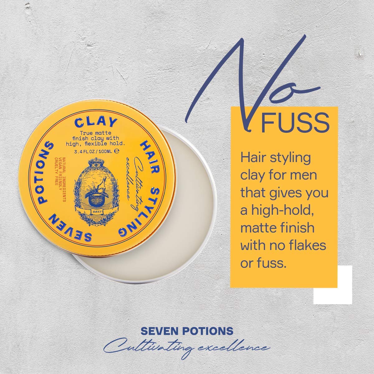 SEVEN POTIONS Hair Clay for Men & Women 3.4 fl oz | High Hold, No Shine Pomade | Water-Based, Natural, Vegan & Cruelty-Free Styling Clay
