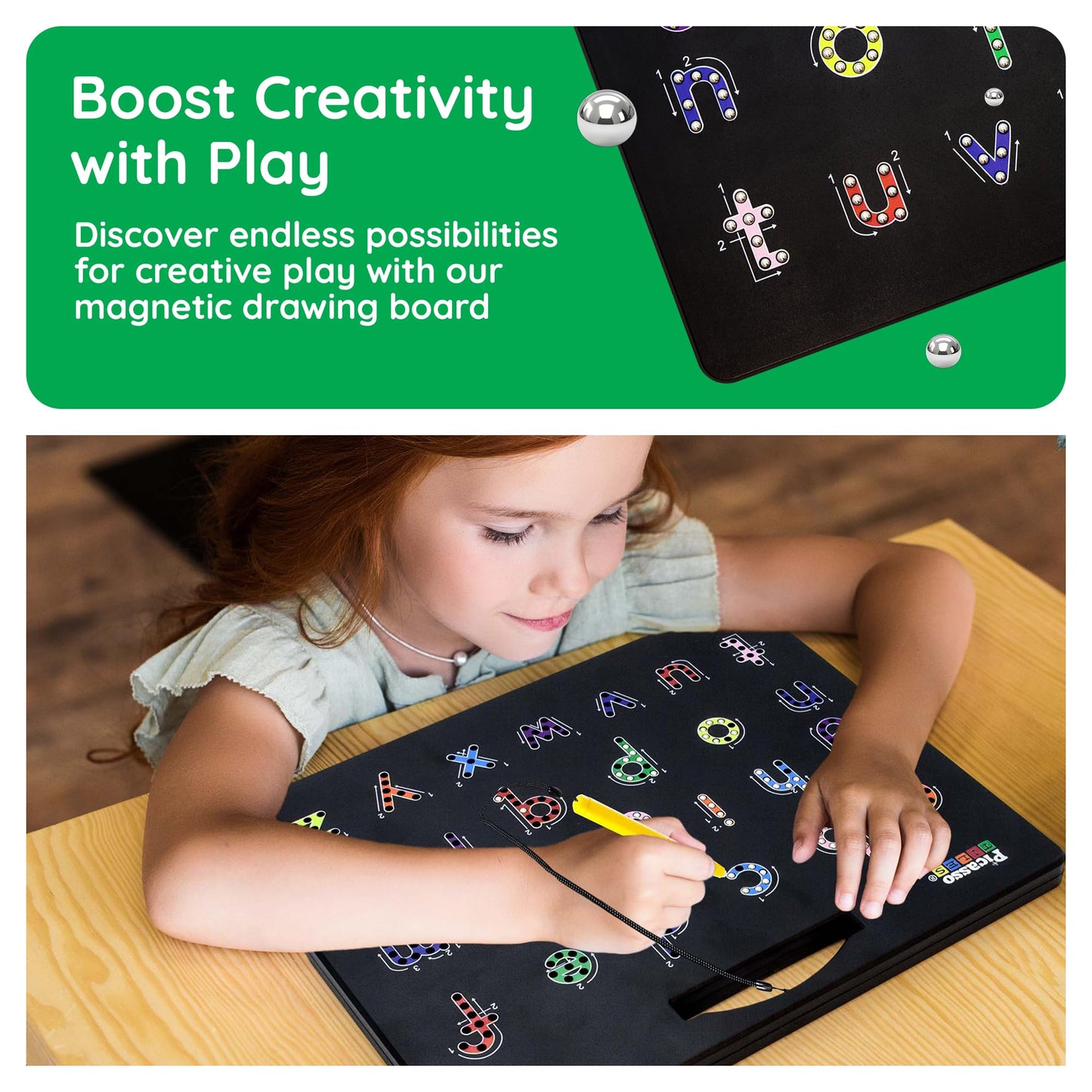PicassoTiles 12x10" 2-in-1 Magnetic Drawing Board Toy – Double-Sided STEM Learning Pad, Alphabet, Erasable & Reusable Playboard (Black PTB04)