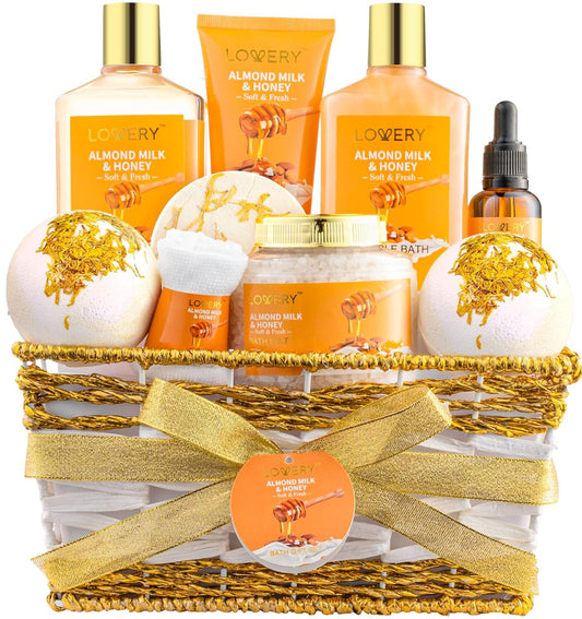 10-Pc Almond Milk & Honey Gift Basket for Women – Spa, Bath & Self-Care Set, Relaxing Pampering Kit for Birthday, Mom, Anniversary