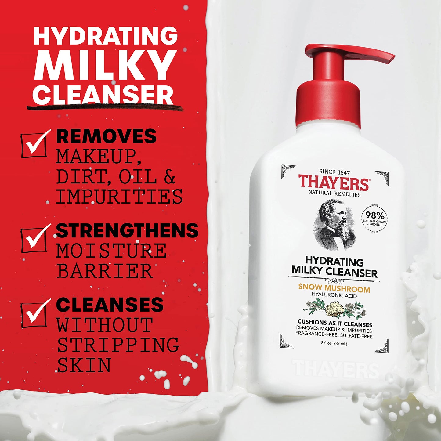 Thayers Milky Hydrating Face Cleanser with Snow Mushroom & Hyaluronic Acid – Gentle, Paraben-Free Facial Wash for Dry, Sensitive Skin, 8 fl oz