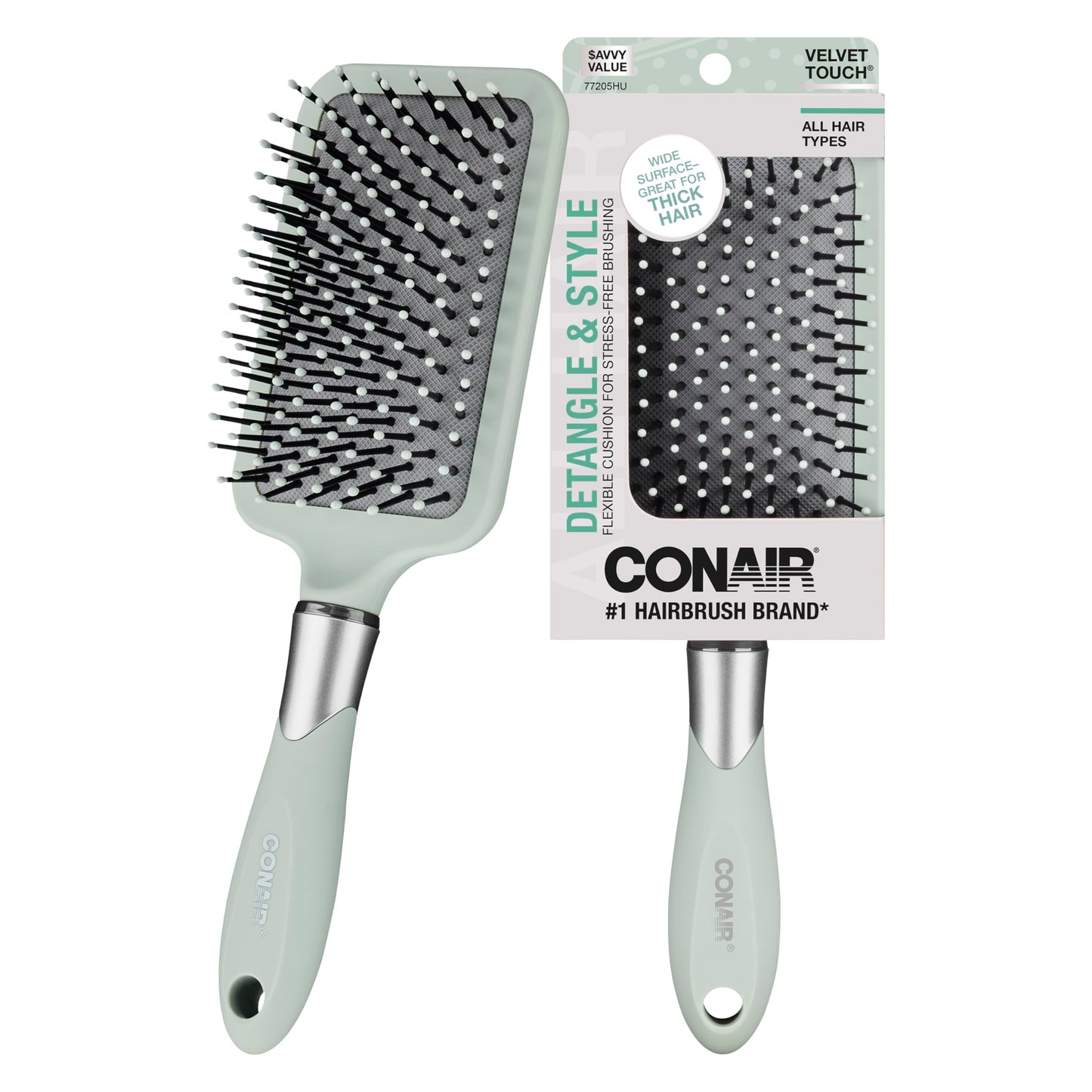 Conair Velvet Touch Paddle Cushion Hair Brush – Detangling Brush for Curly or Straight Hair – Soft Grip Handle – Unisex, Sage Green