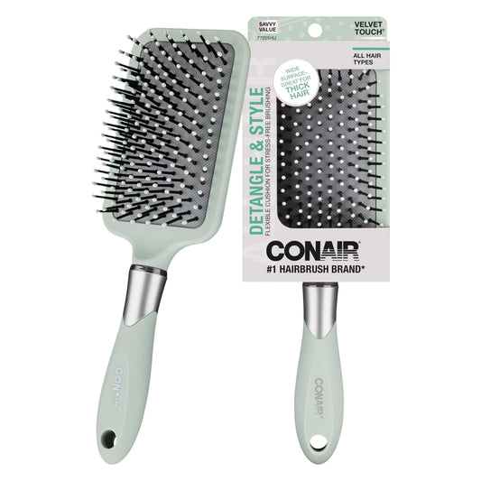 Conair Velvet Touch Paddle Cushion Hair Brush – Detangling Brush for Curly or Straight Hair – Soft Grip Handle – Unisex, Sage Green