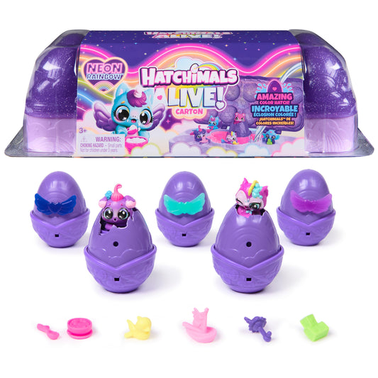 Hatchimals Alive, Neon Rainbow Egg Carton Toy with 5 Mini Figures in Color Reveal Eggs & 11 Accessories, Kids Toys for Girls & Boys Ages 3 and up