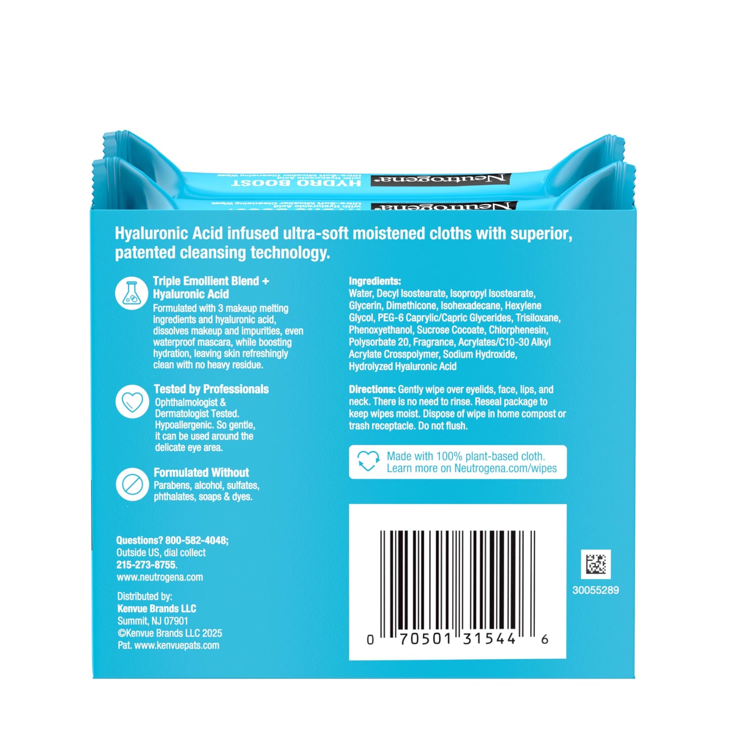 Neutrogena Hydro Boost Micellar Cleansing Wipes with Hyaluronic Acid – Hydrating Makeup Remover for Waterproof Makeup, Hypoallergenic, 2 x 25 ct