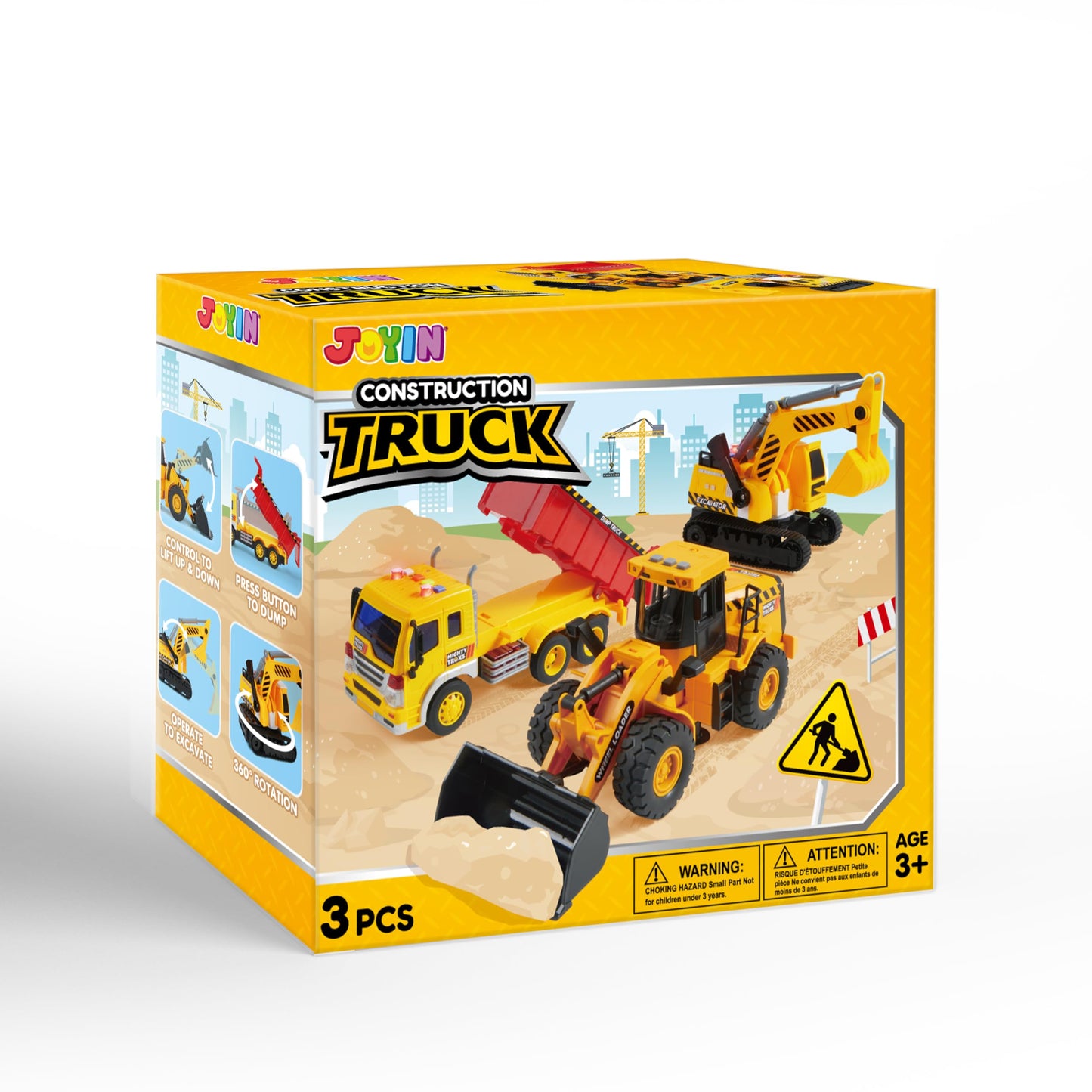JOYIN 3-Pack Construction Trucks for Toddlers – Excavator, Dump Truck & Loader with Movable Claw & Lift, Birthday & Christmas Gift