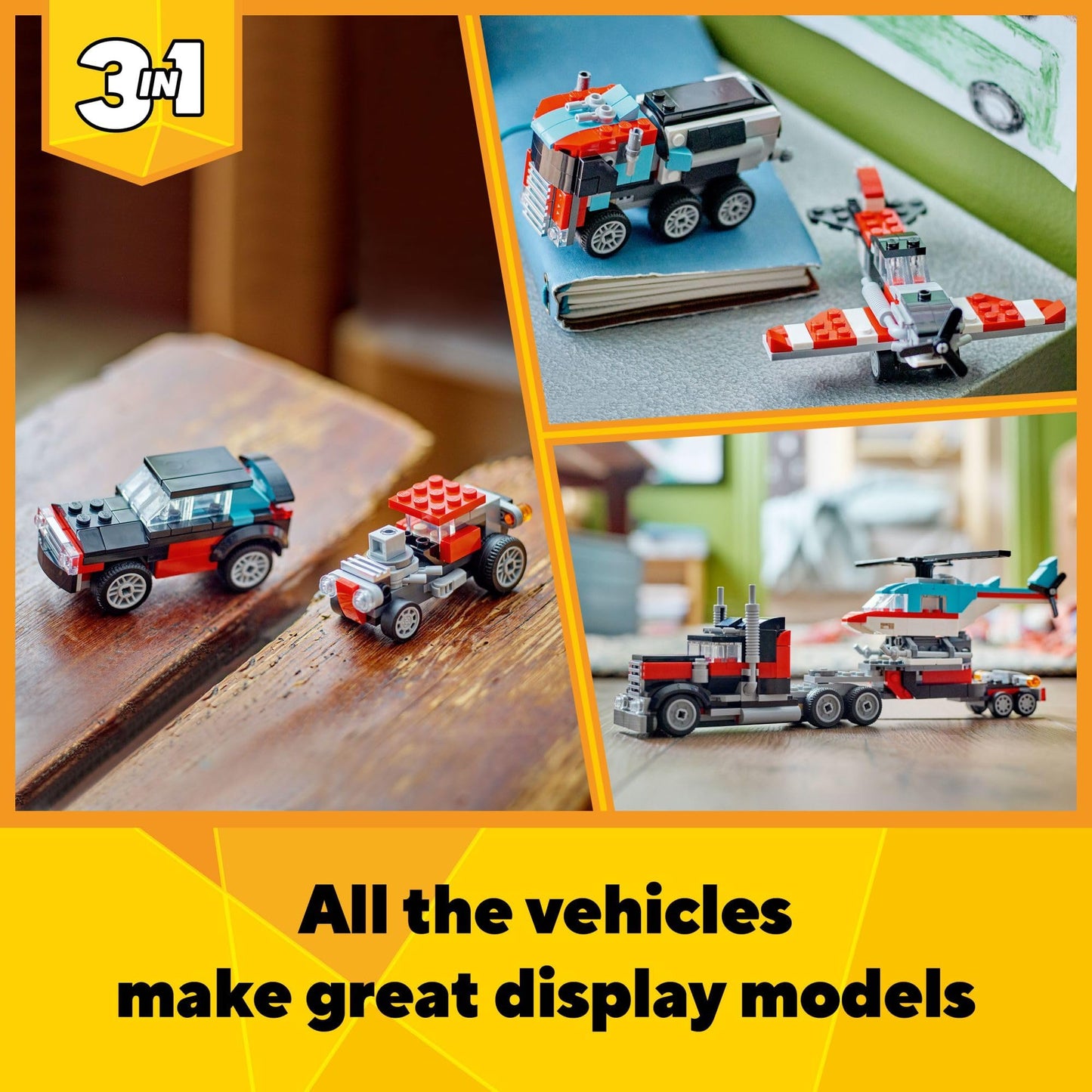 LEGO Creator 3-in-1 Flatbed Truck Toy – Transforms into Helicopter, Hot Rod & SUV, Building Set for Kids 7+, Gift Idea, 31146
