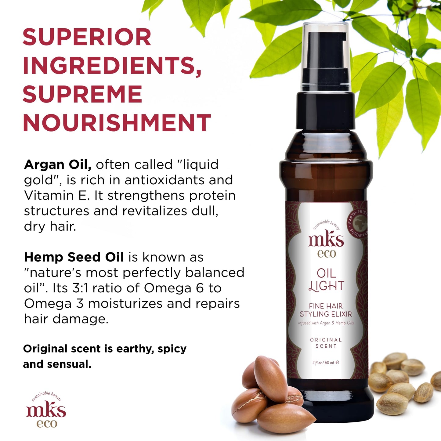 MKS Eco Original Hair Styling Elixir 2 fl oz | Argan & Hemp Seed Oil for Fine Hair | Moisturizing, Nourishing & Frizz Control | Vegan, Cruelty-Free