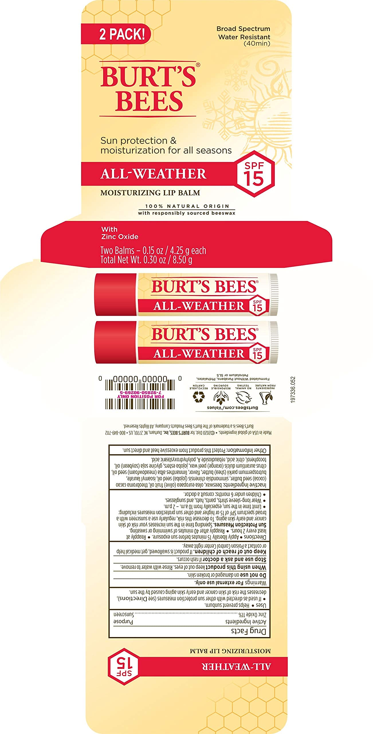 Burt's Bees All Weather SPF 15 Lip Balm, Water-Resistant Lip Moisturizer, Tint-Free, Natural Conditioning Treatment, 2 Tubes, 0.15 oz.