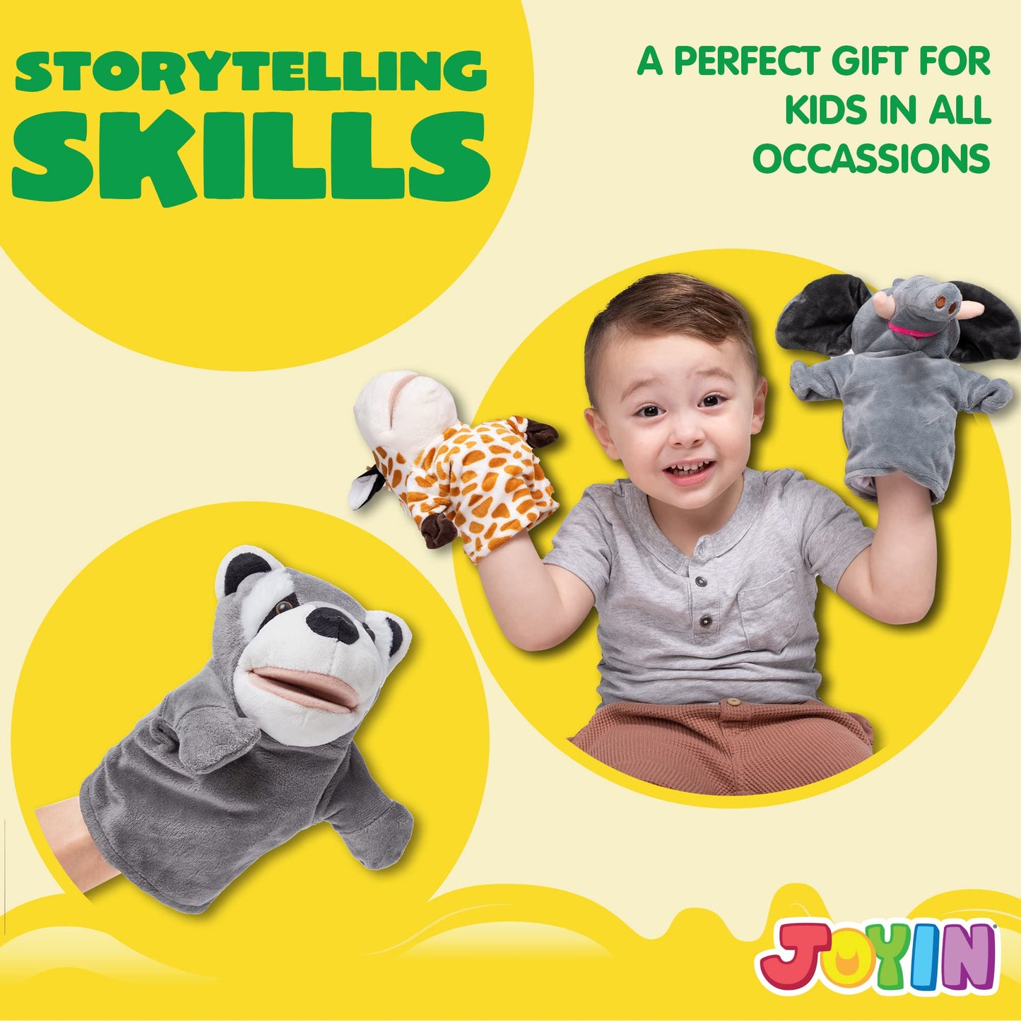 JOYIN 6Pcs Animal Hand Puppet Set with Moving Mouths – Elephant, Giraffe, Lion, Bear, Raccoon & Monkey Plush Toys for Kids Age 3+