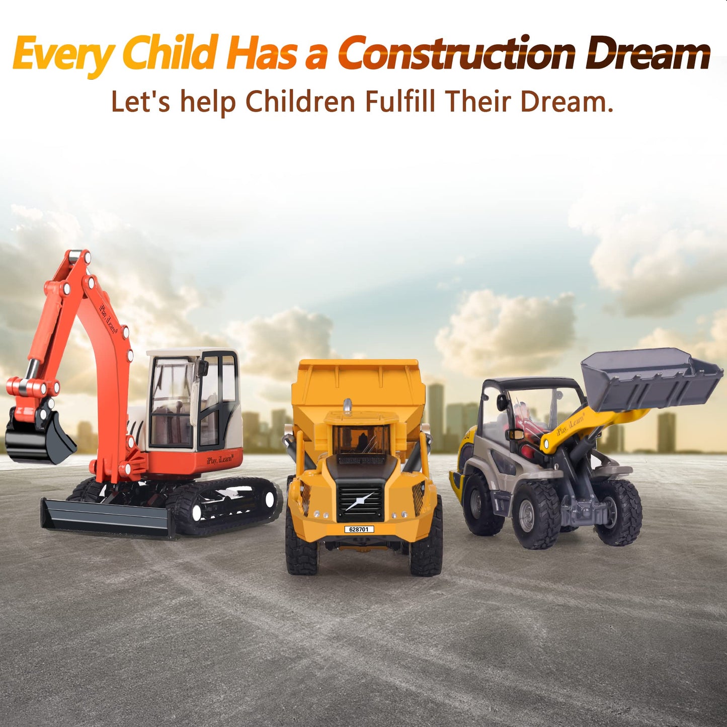 iPlay iLearn Heavy Duty Construction Playset with Metal Dump Truck, Excavator, Bulldozer & Tractor - Outdoor Sandbox Toy for Kids 3-5