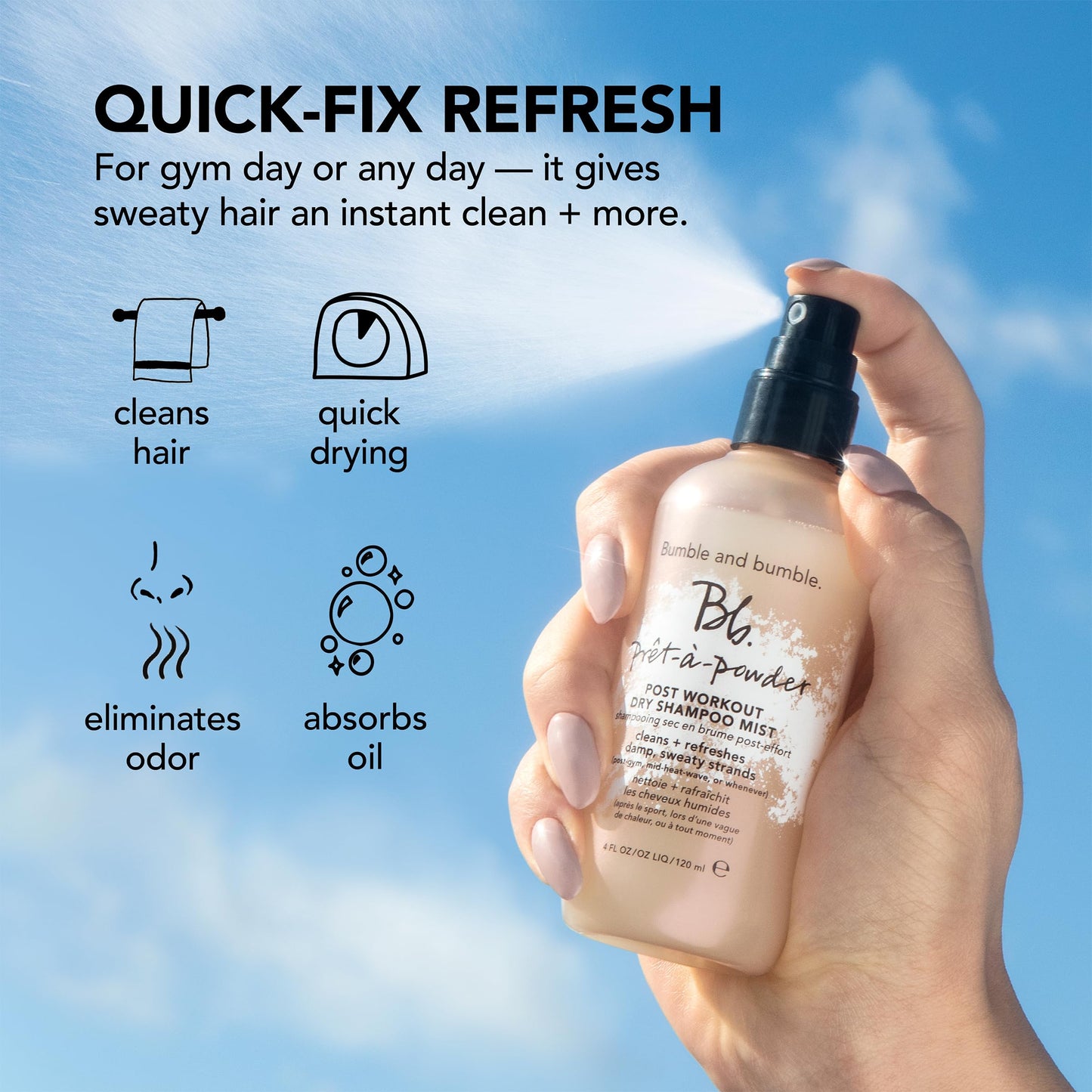 Bumble and bumble Prêt-à-powder Post Workout Dry Shampoo Mist | Non-Aerosol Hair Refresher for Sweaty Hair | Odor Eliminator for All Hair Types, 4 Fl Oz