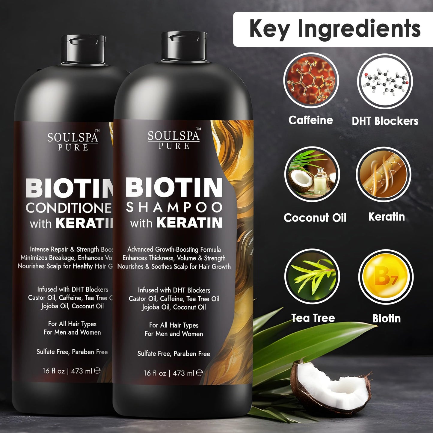 Biotin & Keratin Shampoo and Conditioner Set | Sulfate-Free Anti-Thinning Hair Growth Formula with DHT Blockers | Repair for Men & Women, 16 fl oz Each